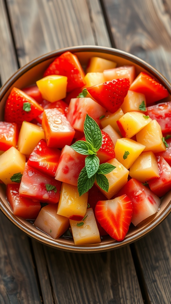 A colorful bowl of summer fruit salad with watermelon, strawberries, pineapple, blueberries, and kiwi, garnished with mint on a wooden table.